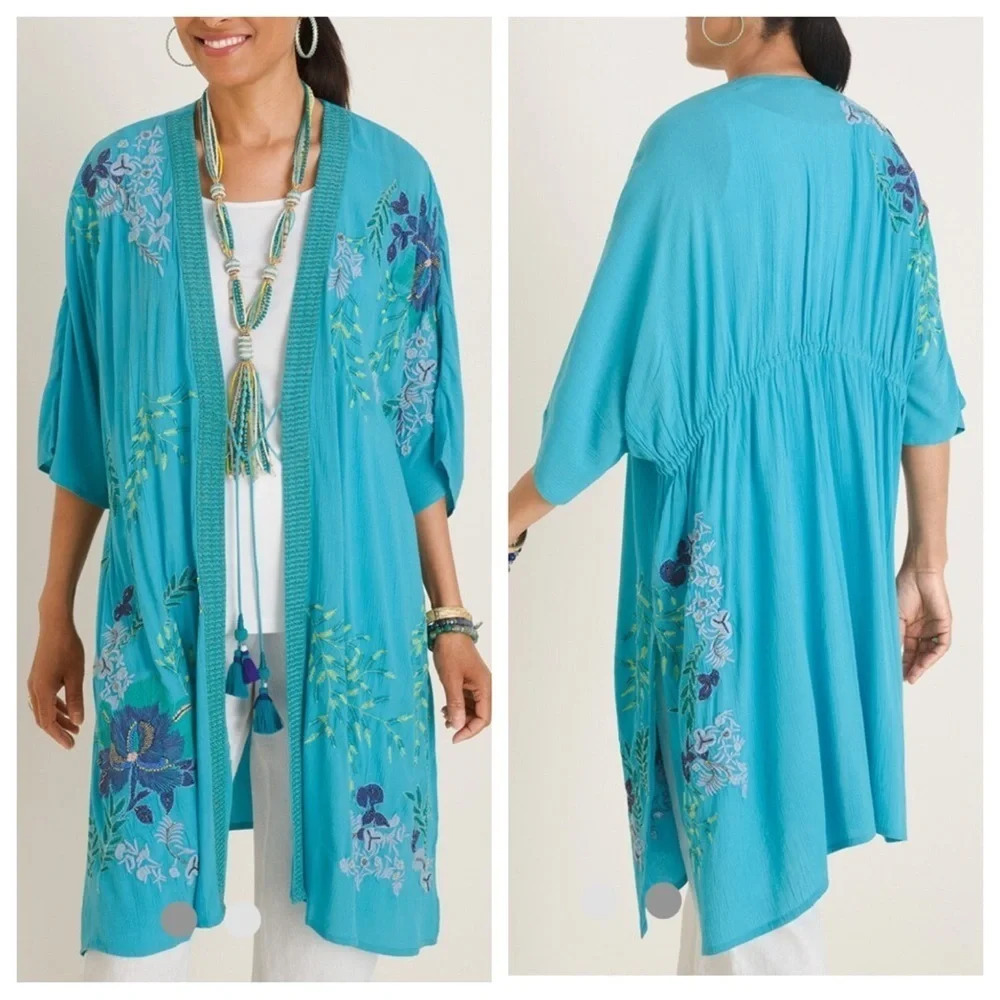 Chico’s floral Embroidered tassel trim kimono duster 5854